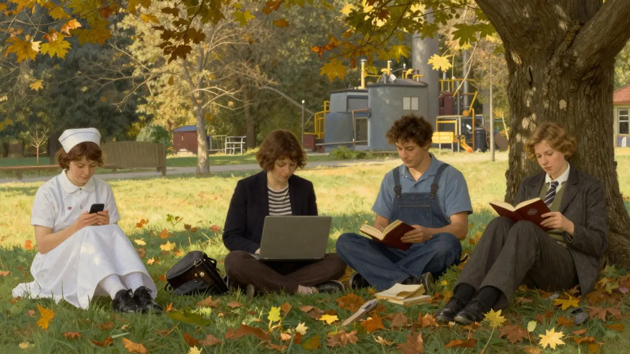 Skupina Čechů v parku odpočívá, zavírá počítače a čte knihy za zlatého západu slunce.