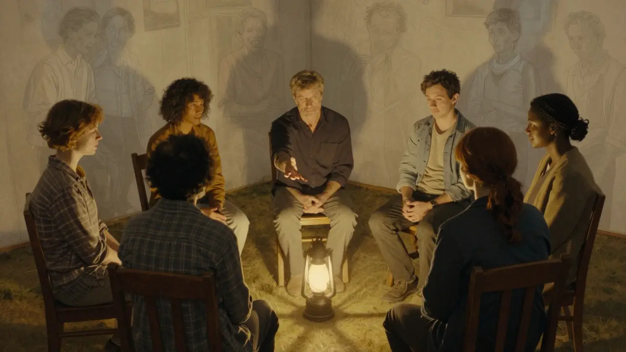 Skupina lidí sedících v kruhu, kteří se navzájem podporují, symbolizující skupinovou terapii pro PTSD.