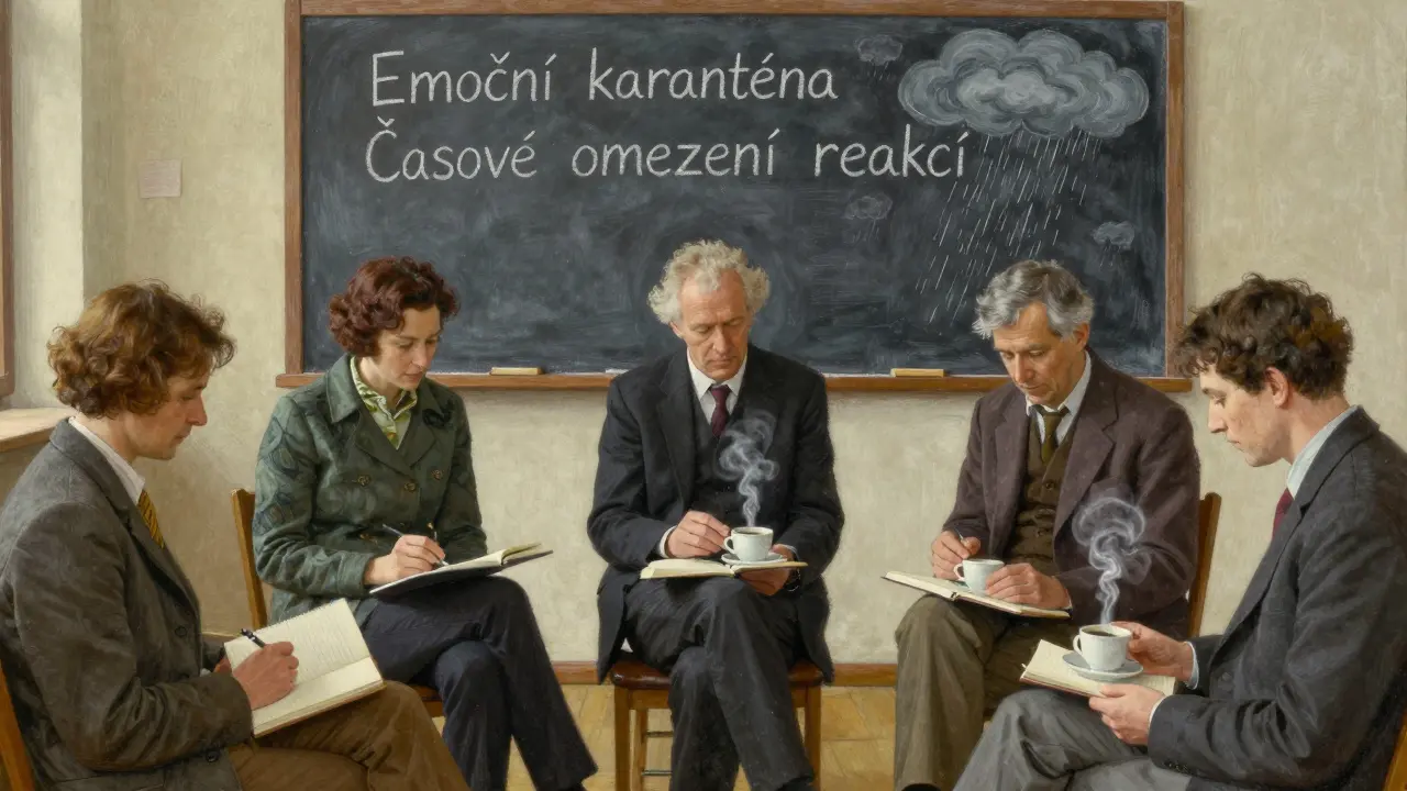 Skupina partnerů navštěvuje edukační kurz v Klecanech, kde na tabuli jsou zaznamenané techniky pro reakci na krizi.
