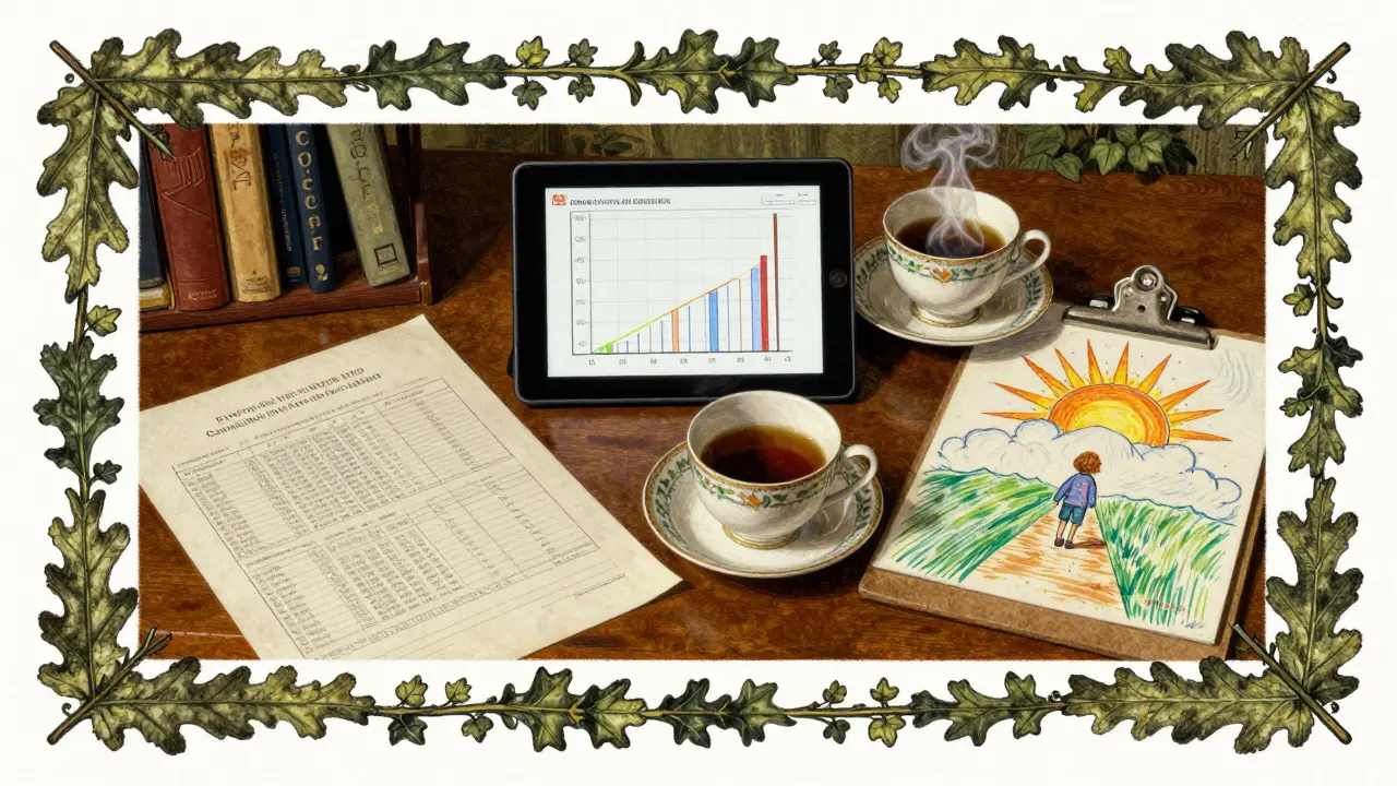 Stůl s papírovými grafy, tabletou, čajem a dětským kreslením cesty k východu slunce.