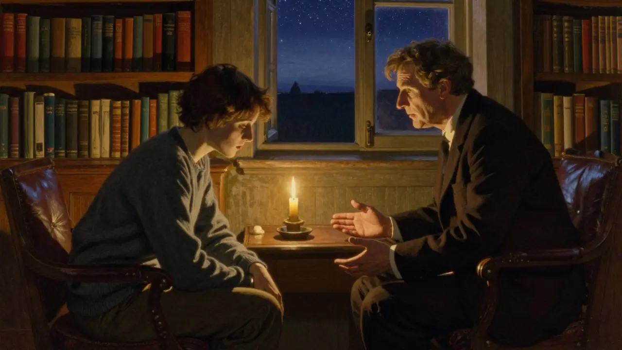 Terapeut a klient sedí v klidné knihovně při svíčkovém světle, atmosféra klidu a přítomnosti.