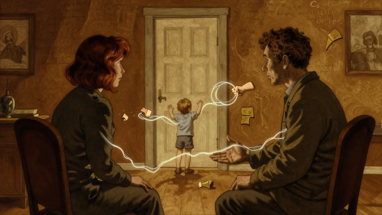 Terapeut a klient spojeni zářivou nití, která připomíná minulé vztahy a emocionální vazby.