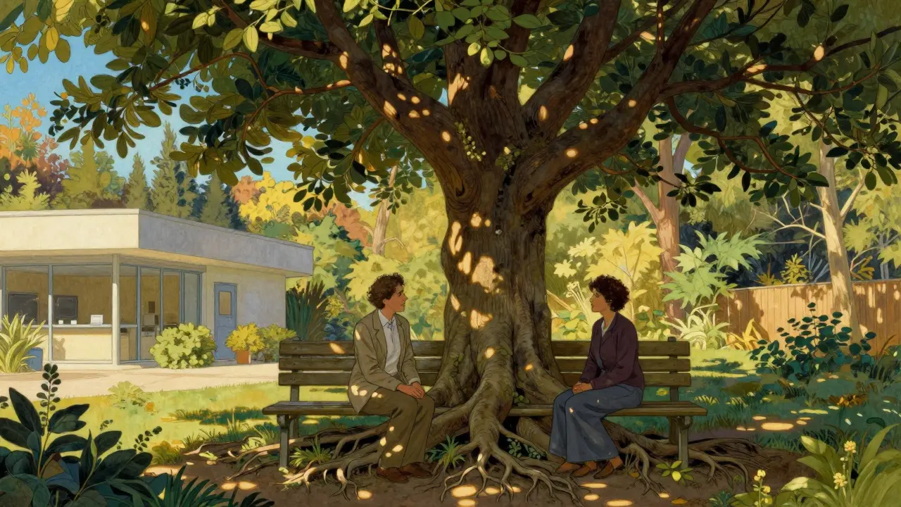 Terapeut a klient spolu na lavičce v zahradě při konverzaci