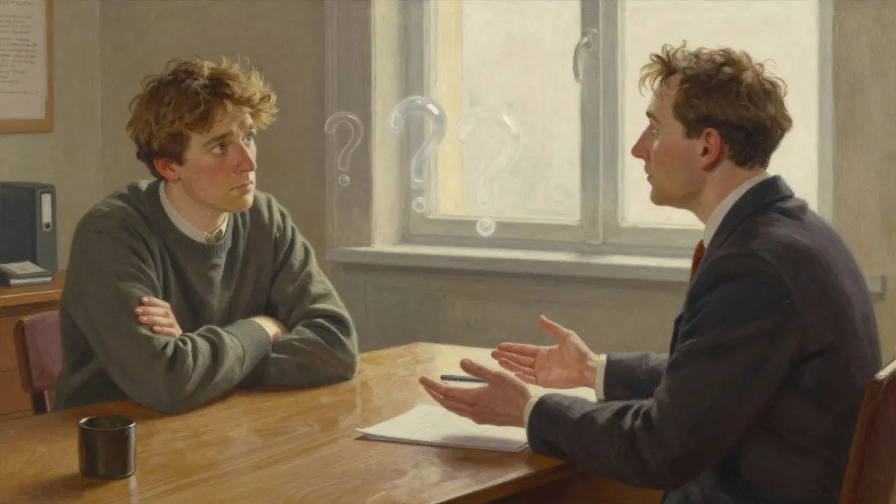 Terapeut a pacient sedí přes stůl, mezi nimi visí řetěz otazníků, výraz obou ukazuje nedůvěru a naději.