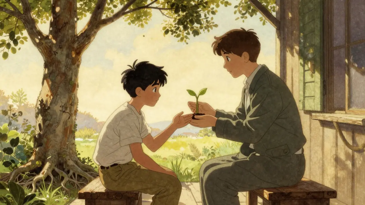 Terapeut a teenager sedí na verandě, slunce osvětluje strom s novými výhonky, symbolizující uzdravení a spojení.