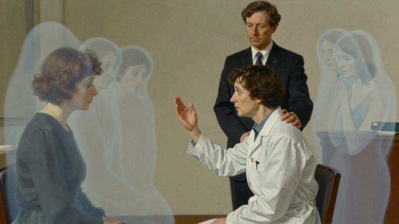 Terapeut je obklopen emocionálními stíny klientů, zatímco supervizor ho klidně podporuje.