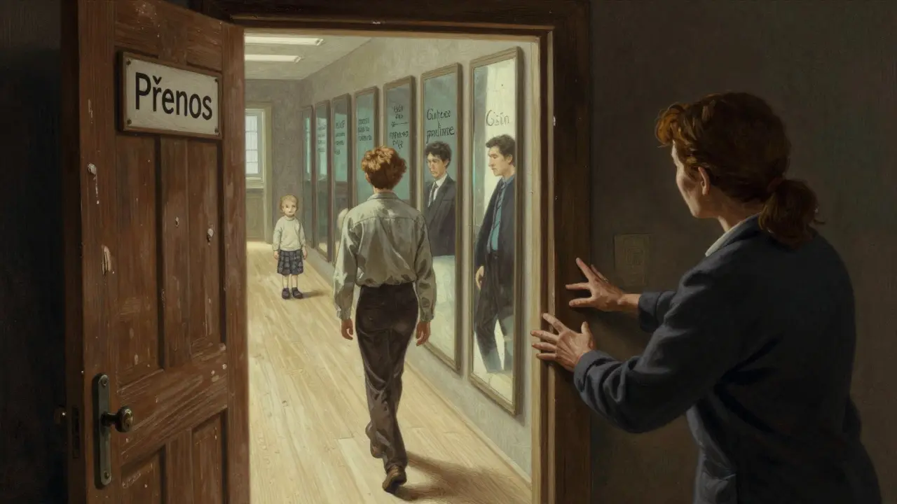 Terapeut otevírá dveře s nápisem 'Přenos', kde se odhalují obrazy z dětství klienta v zrcadlech.