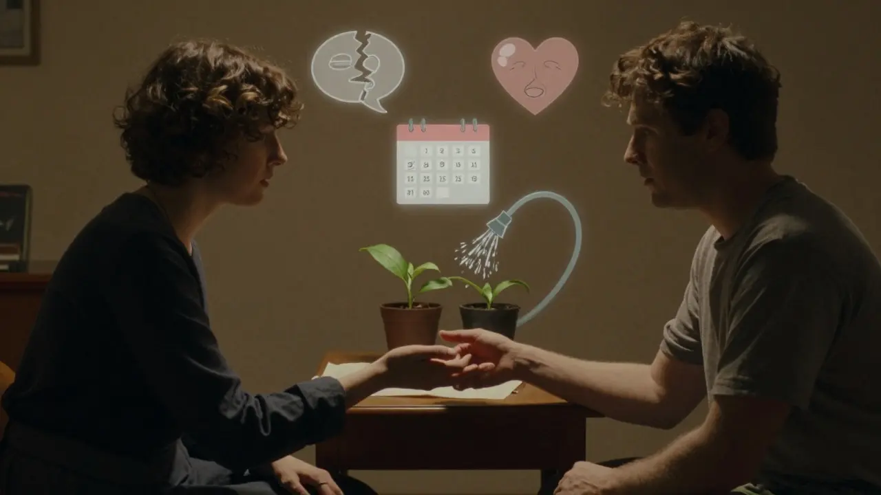 Terapeut pozoruje pár, kteří se navzájem poslouchají, nad nimi se objevují symboly lepší komunikace.