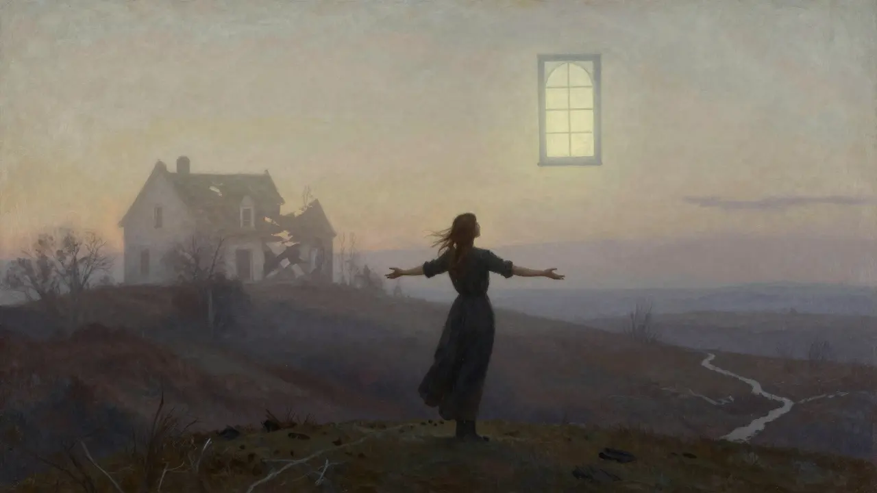 Žena na kopci v ráně, otevřená k nebi, před ní plave svítící okno, když se za ní rozplynul dům.