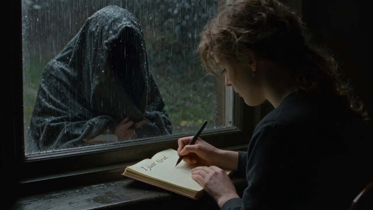 Žena píše do deníku, její odraz v okně ukazuje prázdnou postavu pod dekou.