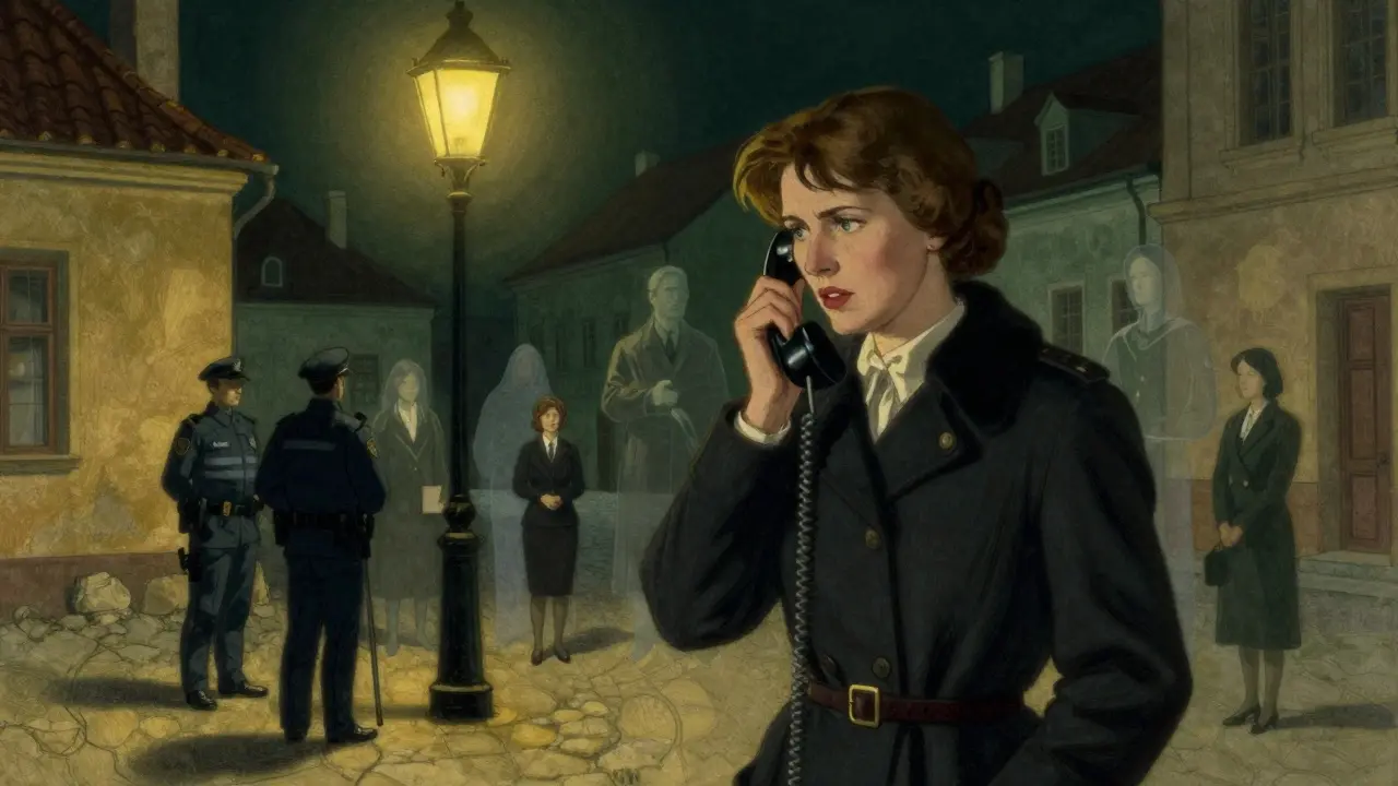 Žena volá na krizovou linku v noci pod uliční lampou, kolem ní se objevují stíny pomoci.