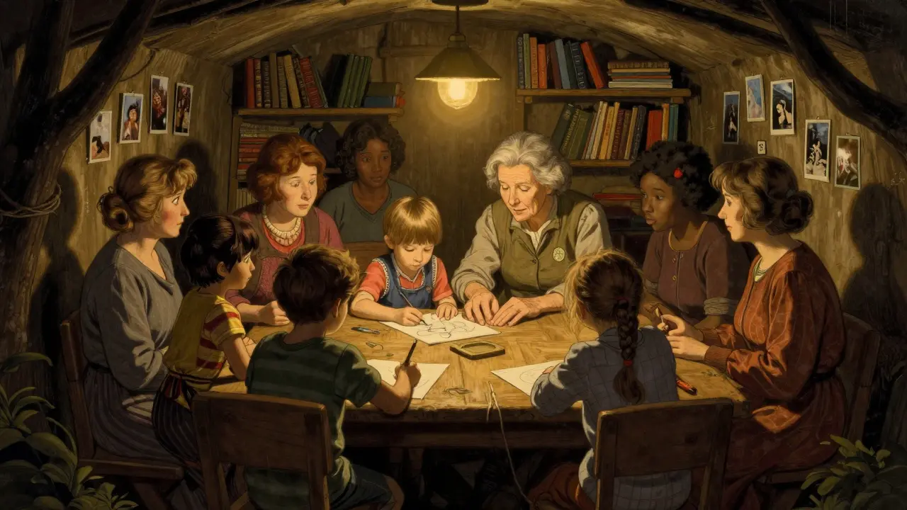 Ženy a děti v bezpečném útočišti spolu sedí u stolu v teplém světle.