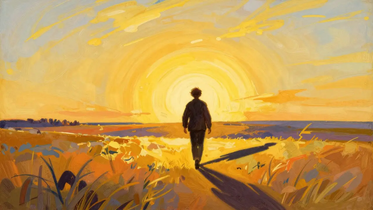 Člověk kráčející po slunečné cestě pryč od temných stínů své minulosti.