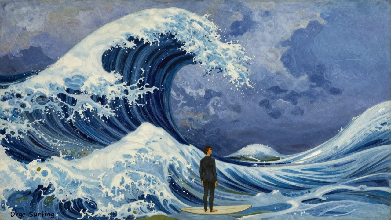 Člověk pozorující obří vlnu emocí, představující techniku surfování na vlně touhy.