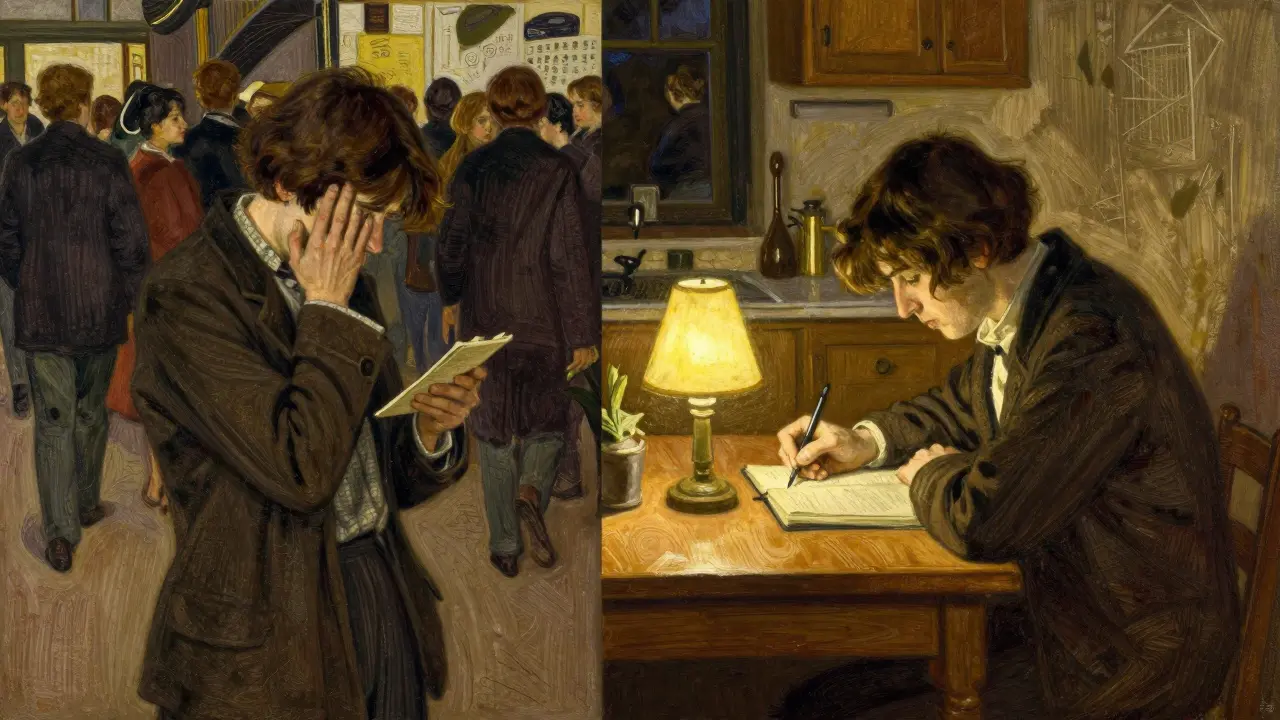 Člověk praktikující terapeutické dovednosti v davu a při psaní deníku doma.