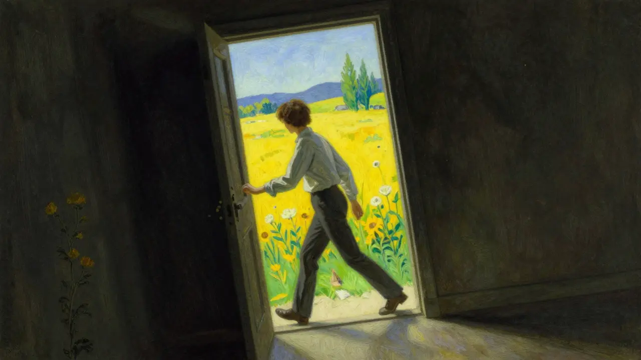 Člověk vystupuje ze stínu do jasného světla jako symbol opačné akce.