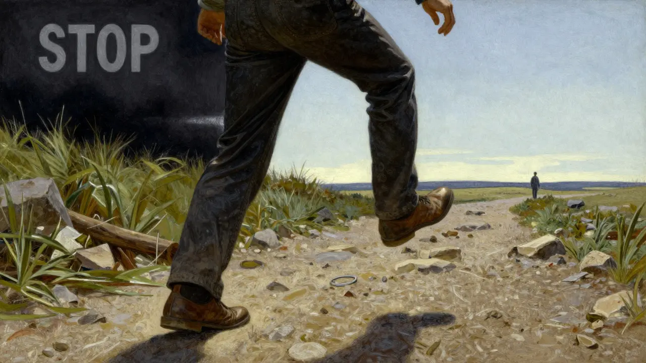Člověk zastavený v pohybu na cestě, symbolizující aplikaci techniky STOP před impulzivním činem.