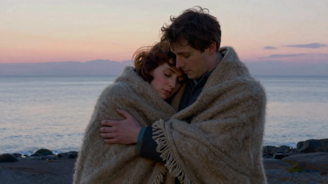 Couple embracing peacefully at a calm harbor, symbolizing a healed relationship.