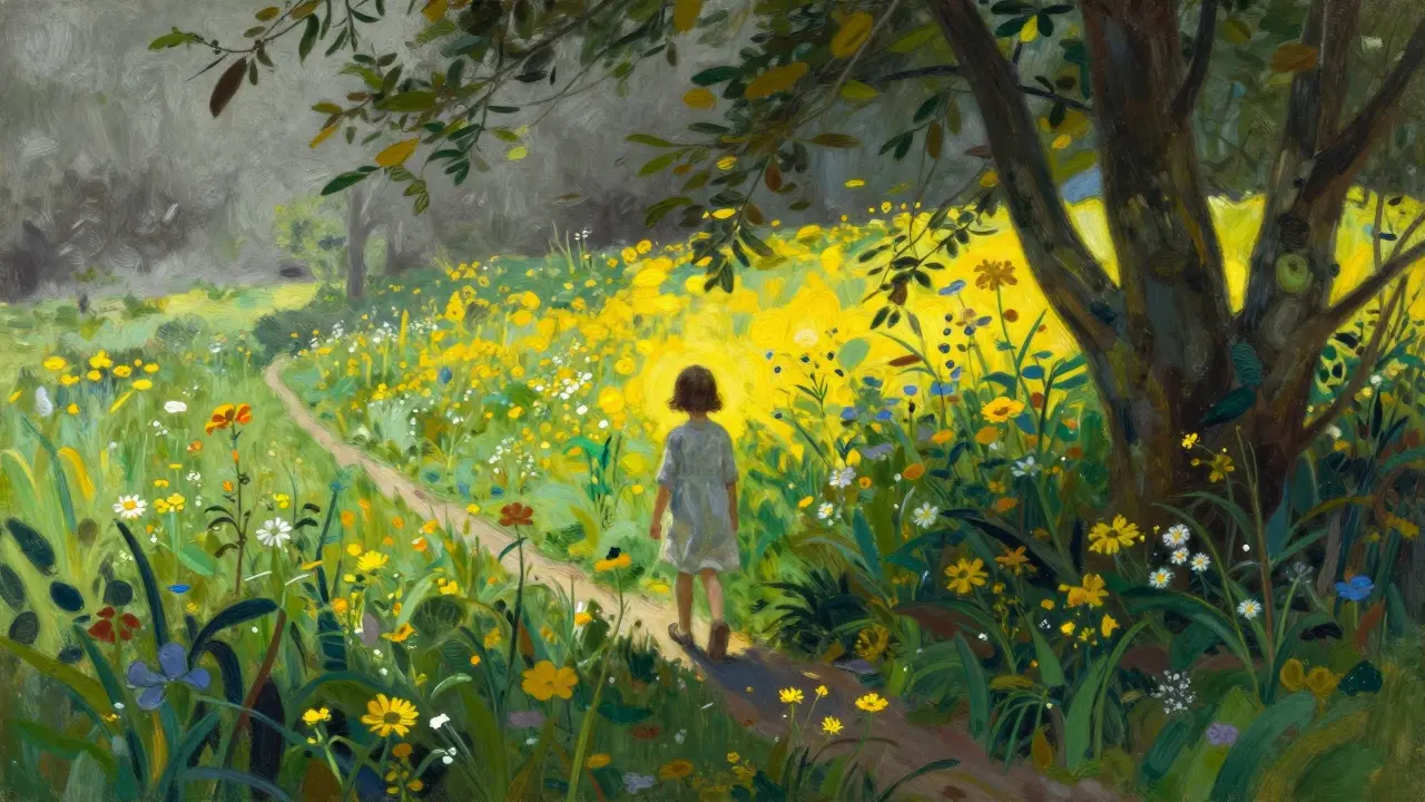 Dítě kráčí z mlhy do slunného луku, symbolizující cestu k psychickému zdraví.