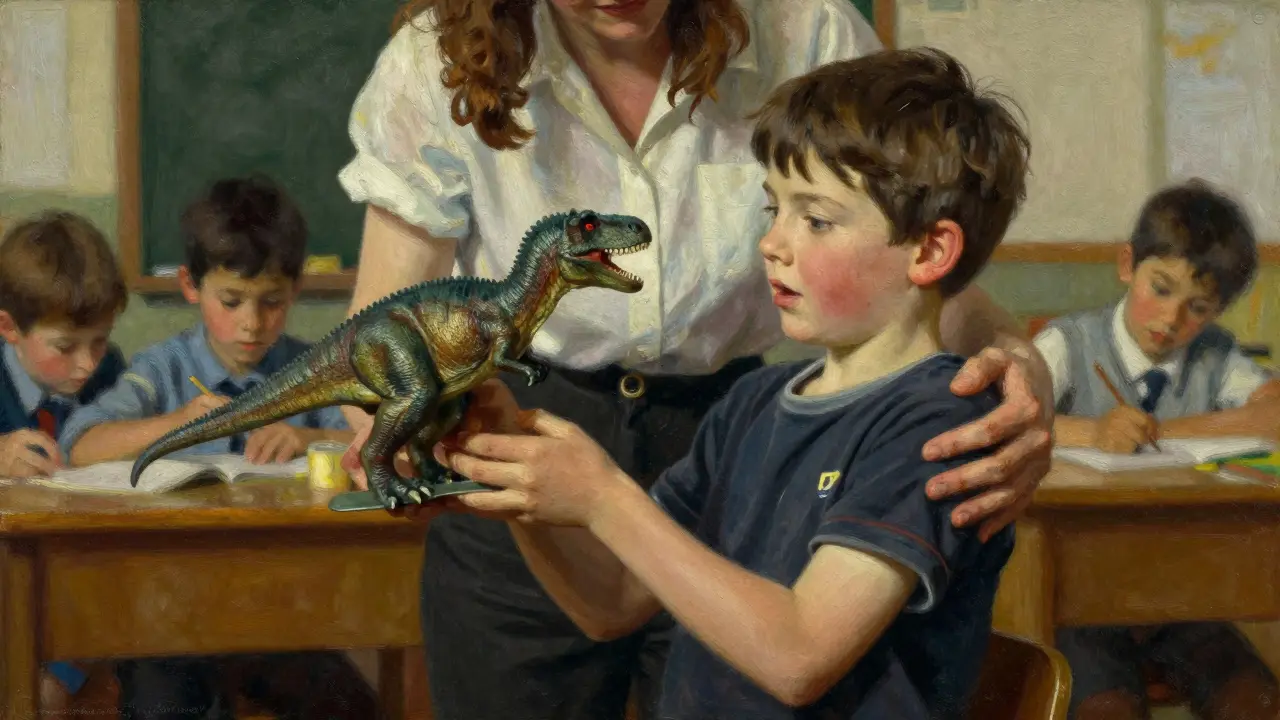 Dítě s radostí drží figurku dinosaura jako odměnu za svou snahu.