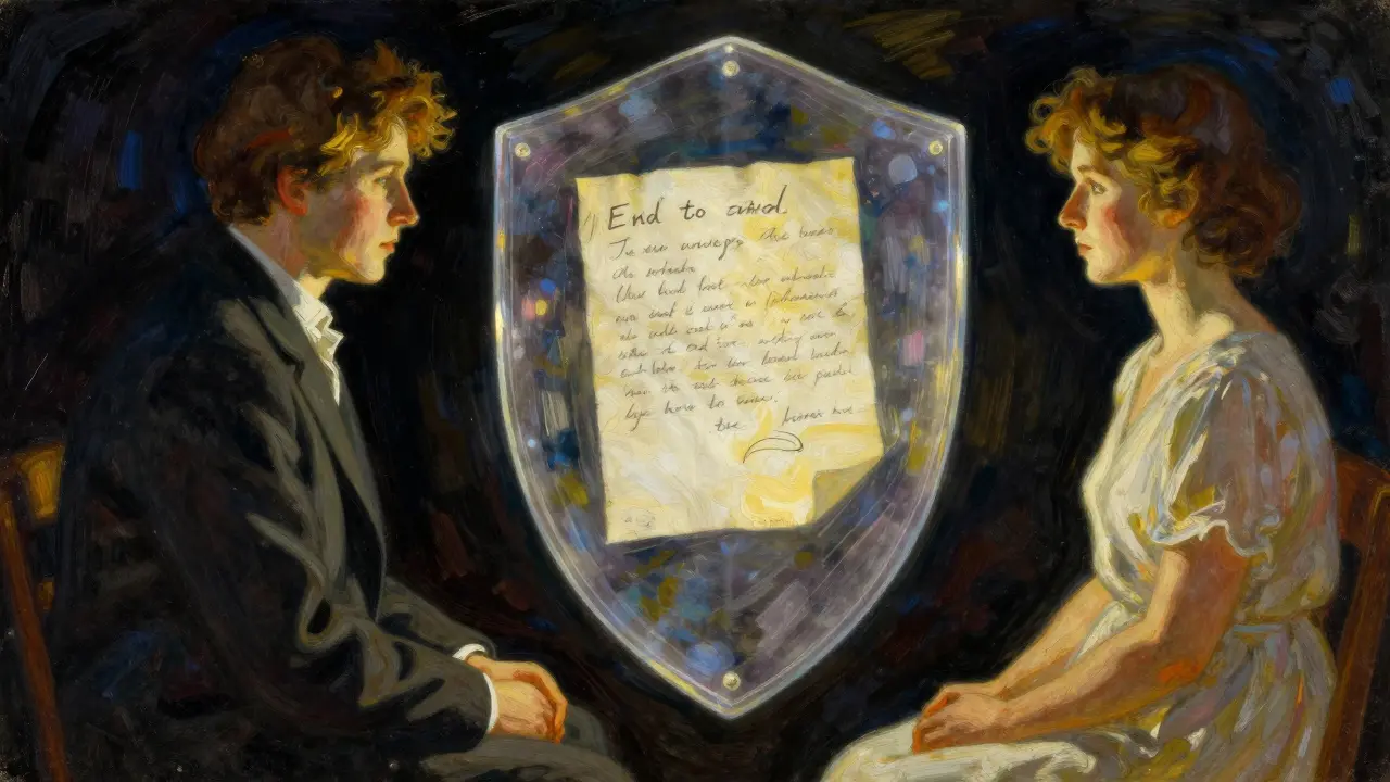 Ilustrace terapeuta a klienta chráněných štítem šifrované komunikace.