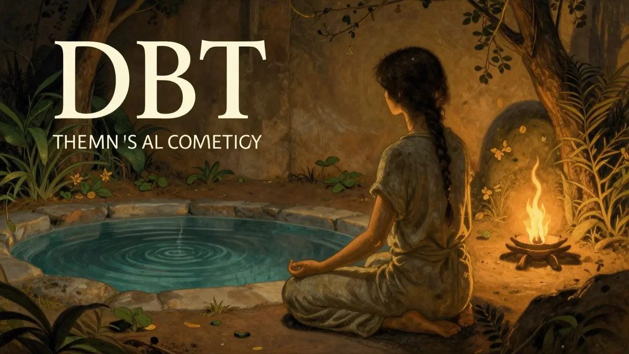 Klidná osoba v teplém, zemitoném prostředí symbolizující stabilitu a nácvik dovedností DBT.