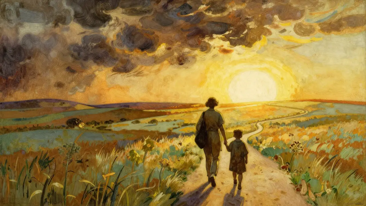 Kresba symbolizující cestu od psychické krize k uzdravení a stabilitě.