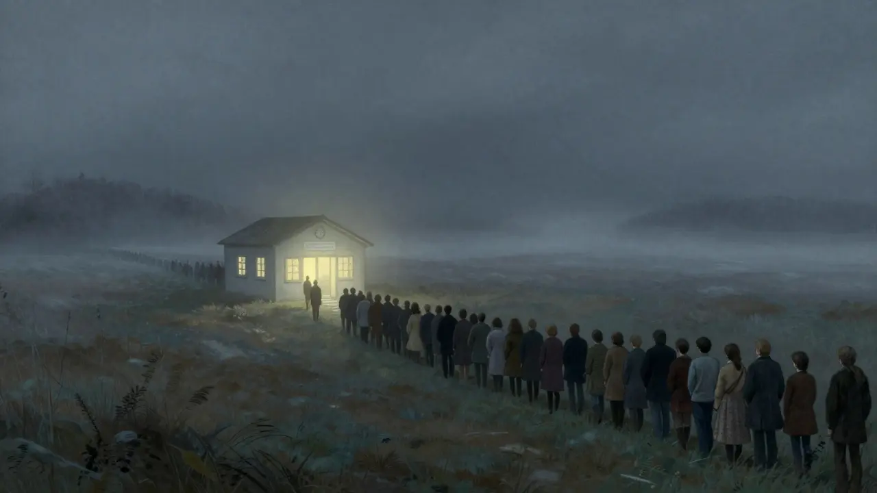 Kresba znázornující dlouhou frontu lidí čekajících na omezený počet terapeutů.