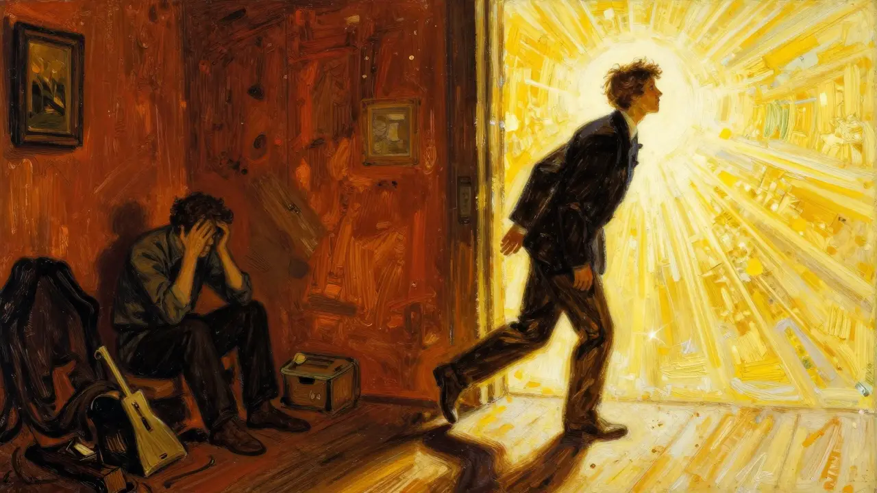 Kresba znázornující přechod z temnoty problémů do světla řešení