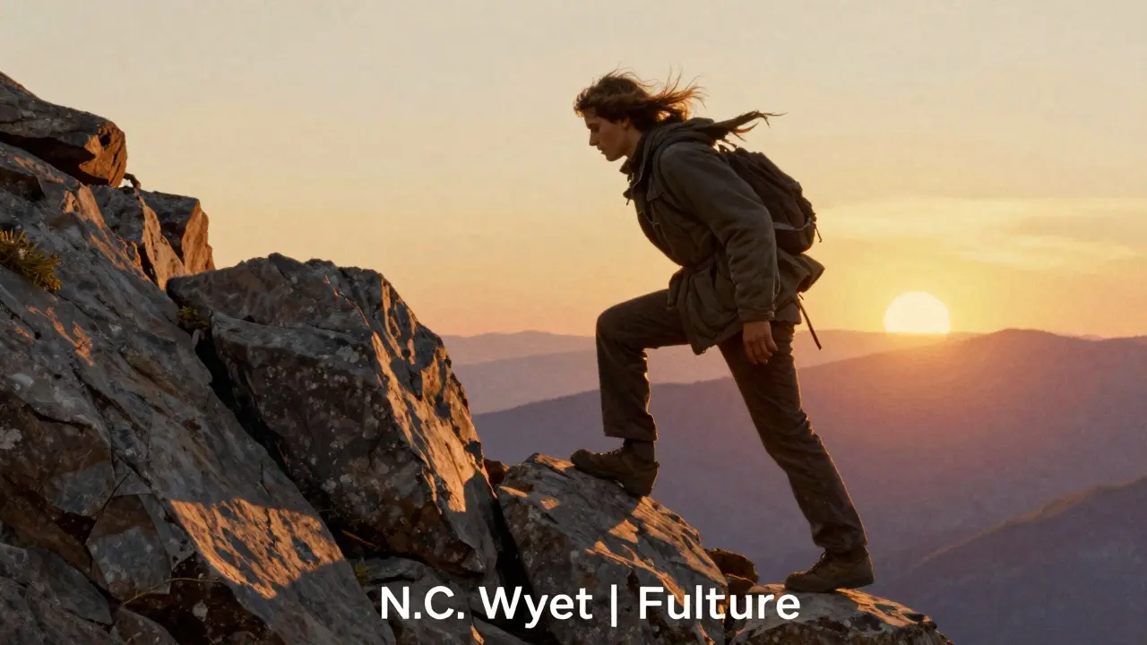 Krok za krokem stoupající postava k zářivému obzoru nad horami