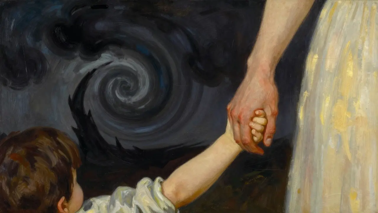 Künstlerická představka přechodu od noční můry k uklidnění rodičem.