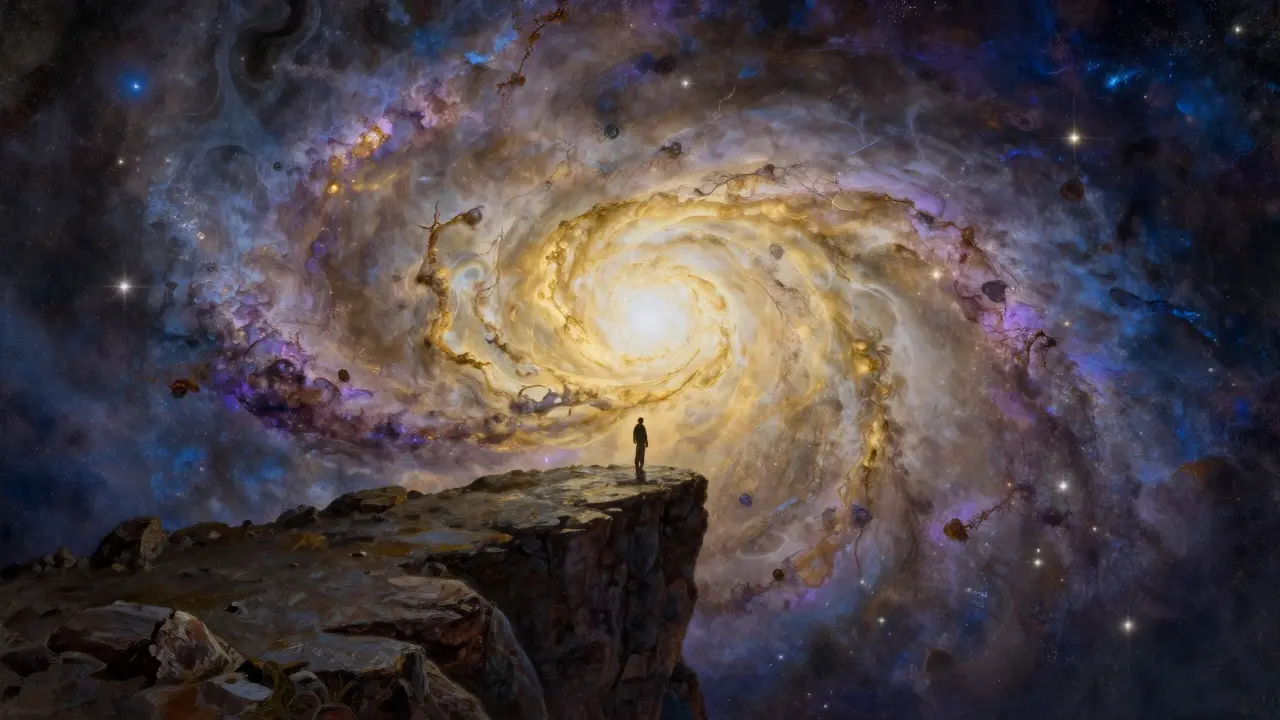 Malá postava člověka pozorující nekonečný vesmír pro získání perspektivy.