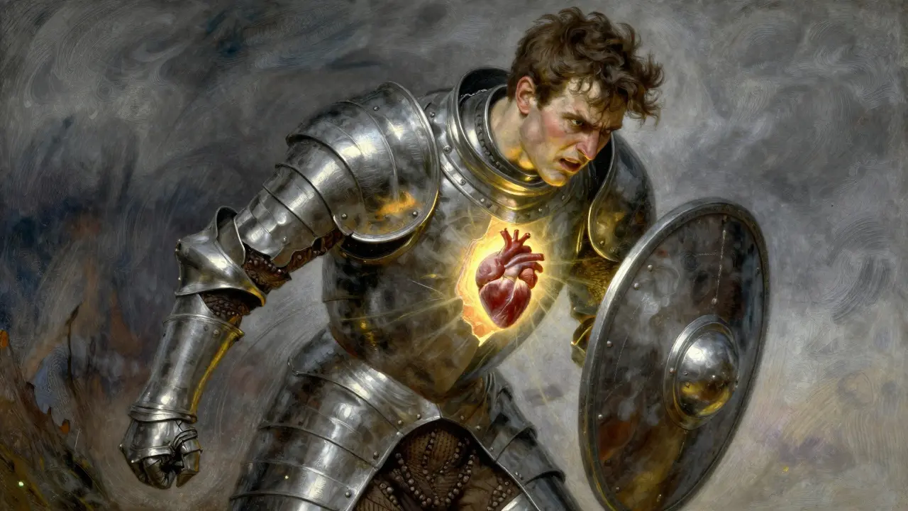 Man in armor representing anger, with a glowing heart showing inner vulnerability.