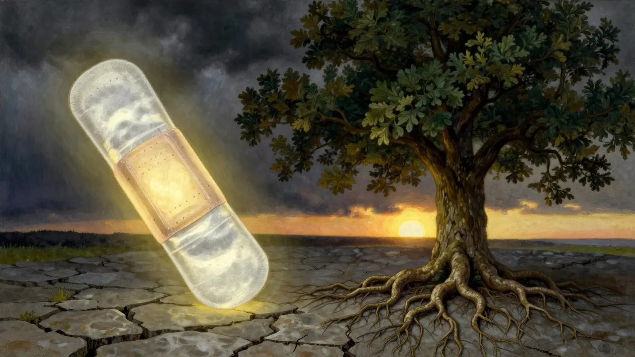 Metafora krátkodobé úlevy z placeba versus trvalá změna symbolizovaná stromem.