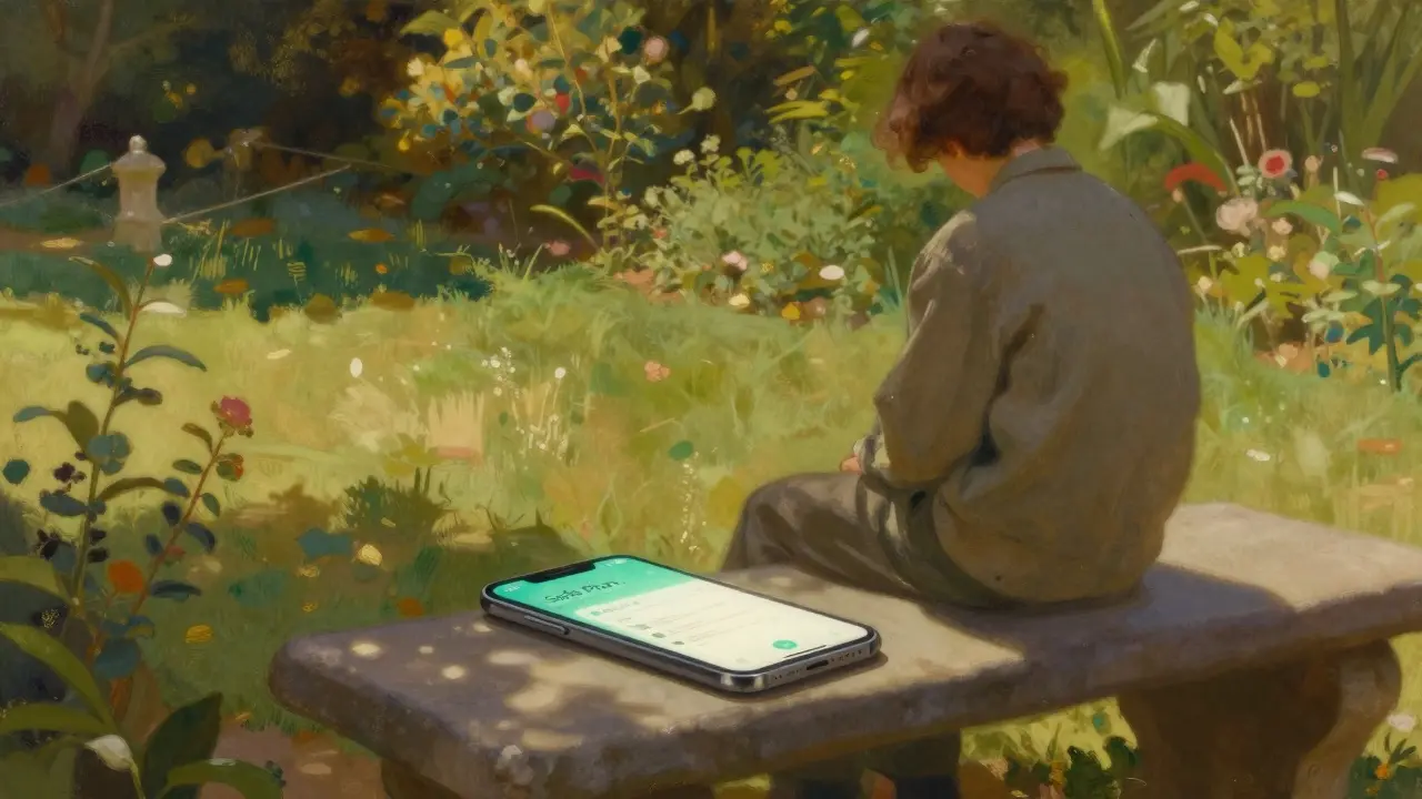 Mobilní aplikace s krizovým plánem v klidné zahradě.