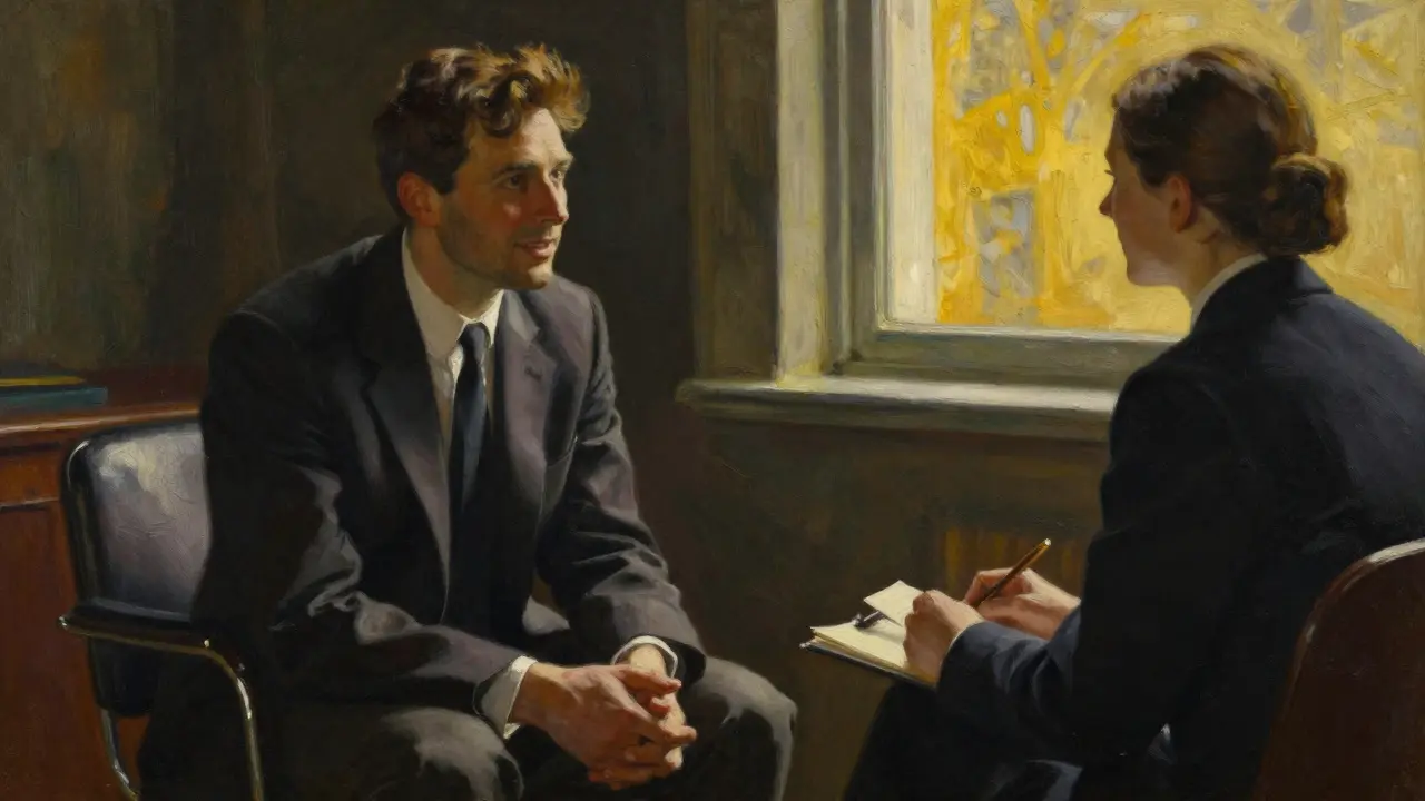 Muž během terapeutické sezení v teplém, optimistickém osvětlení.