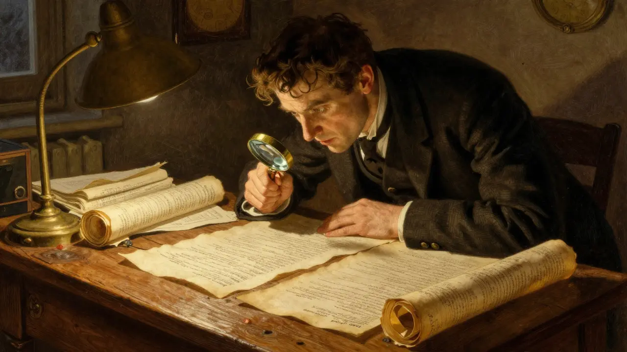 Muž jako detektiv zkoumá důkazy na stole, aby vyvrátil negativní scénáře.