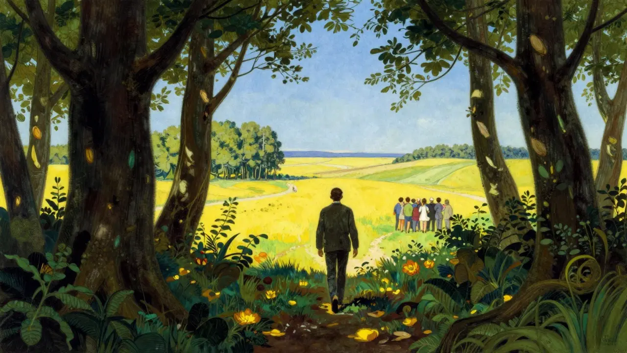 Muž kráčející z temného lesa do slunného krajiny jako symbol uzdravení.