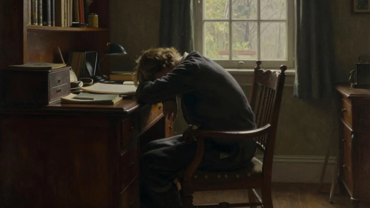 Osamělý člověk v temném studiu vyjadřující pocit vyhoření a ztráty.