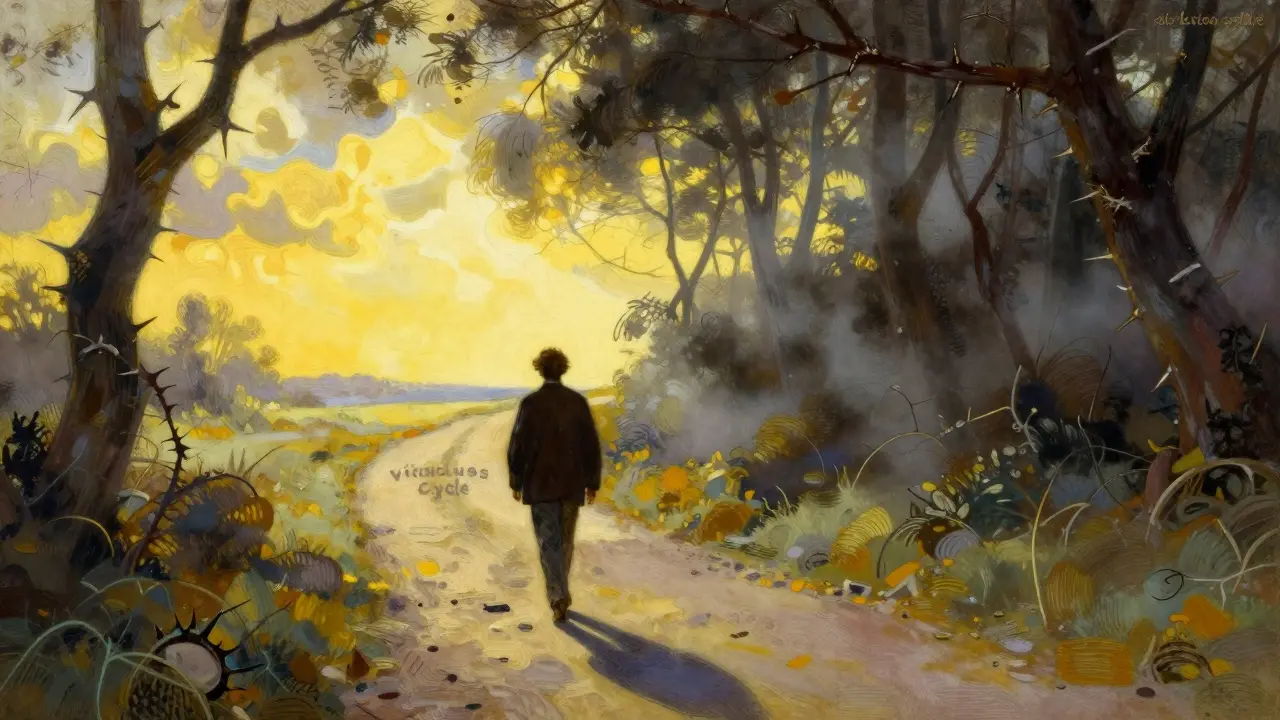 Osoba kráčející z temného lesa směrem k jasnému horizontu, symbolizující uzdravení.