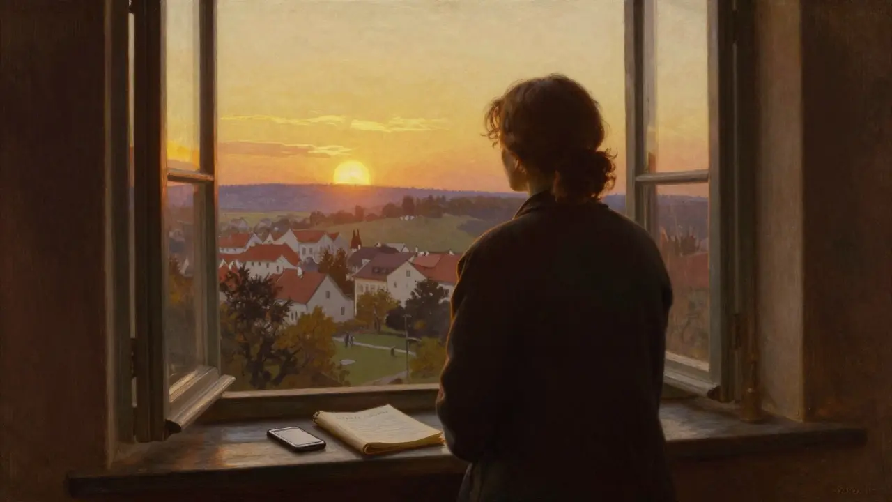 Osoba stojící u otevřeného okna a hledící na východ slunce s deníkem vedle sebe.