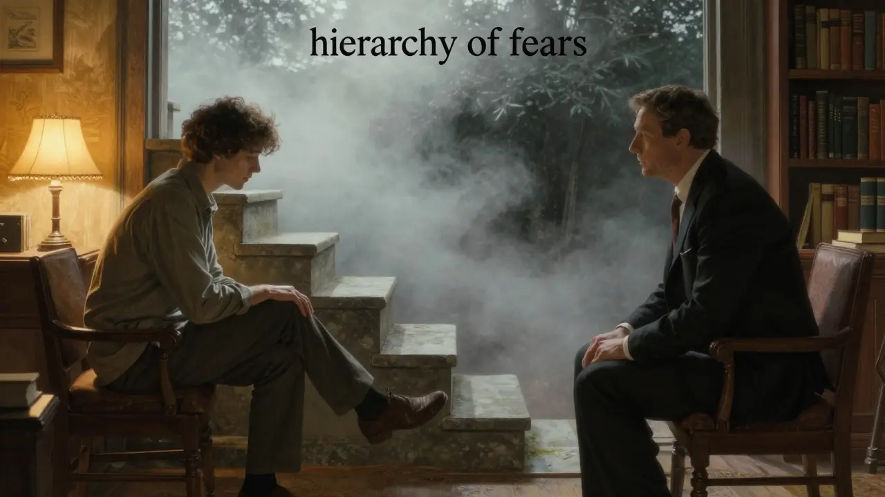 Pacient a terapeut v teplé místnosti u schodiště symbolizujícího hierarchii strachů.