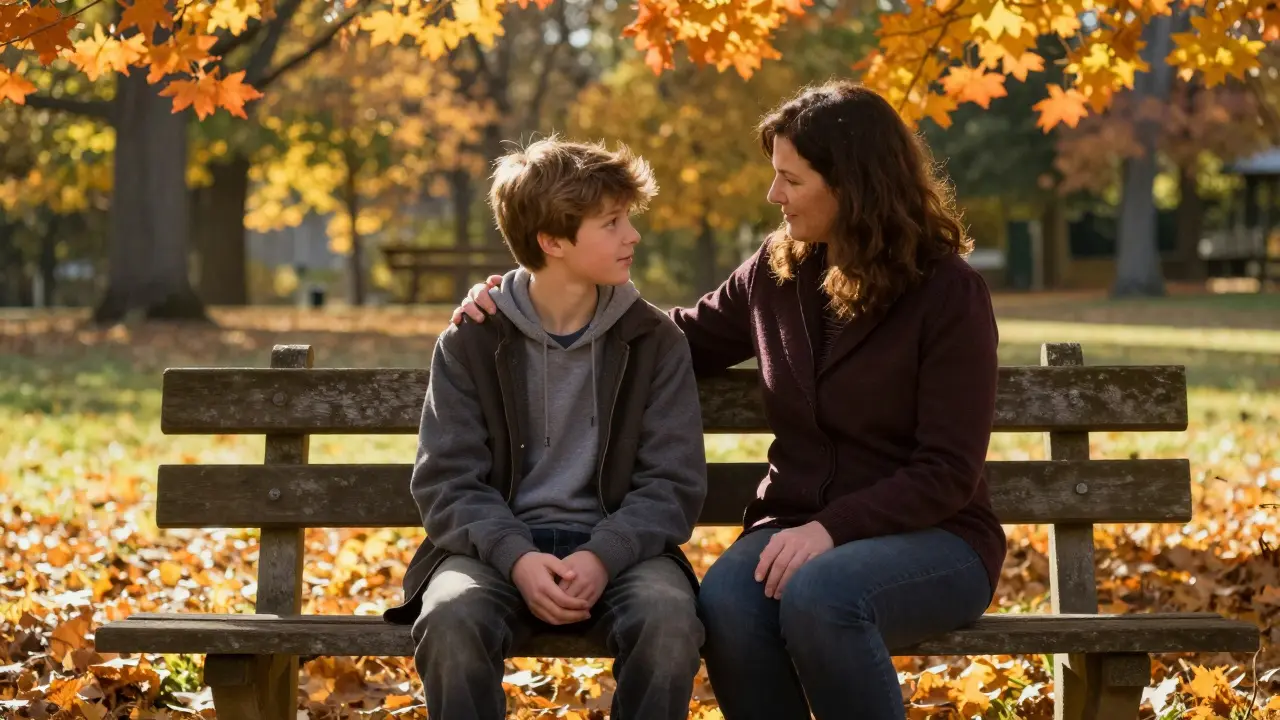 Podpora rodiče dospívajícího v podzimním parku jako symbol bezpečí.