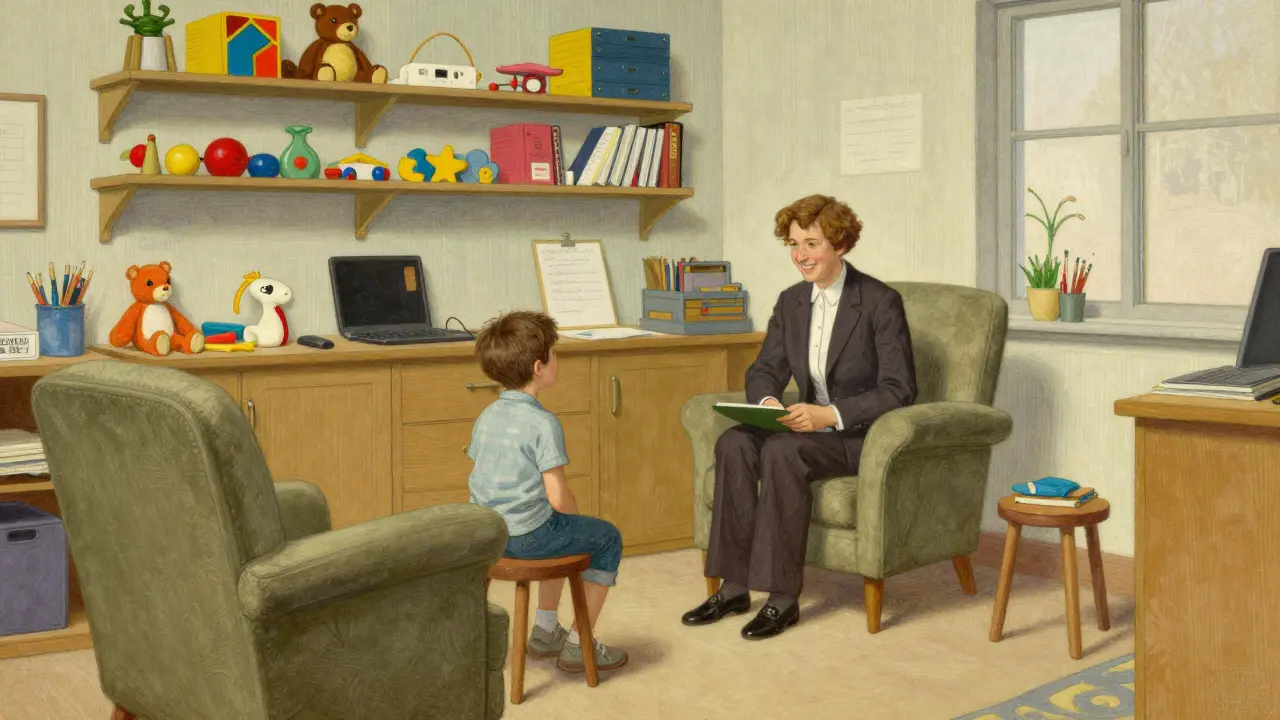 Přátelský psycholog v útulné a hravé kanceláři vítá dítě.