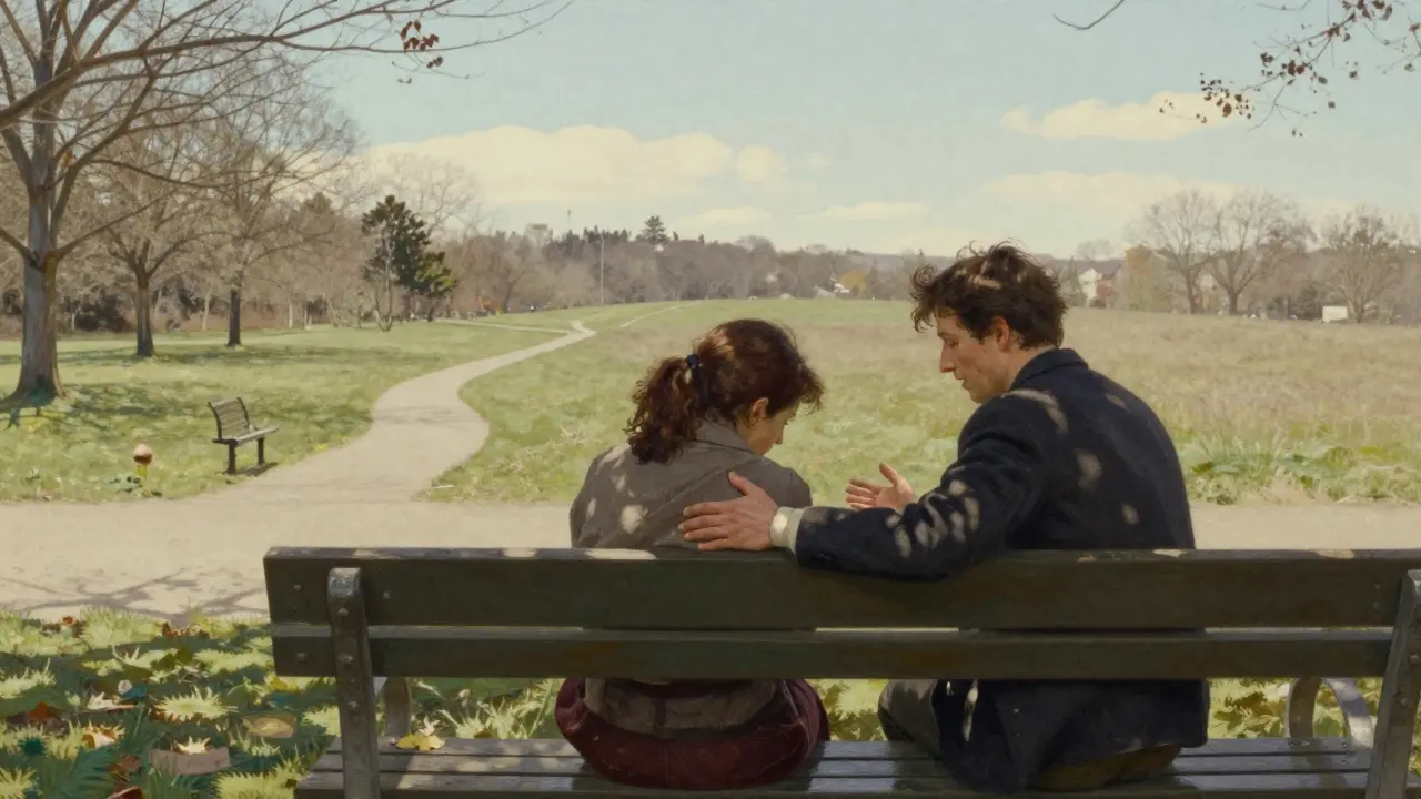 Přítel poskytující emocionální podporu blízkému v parku.