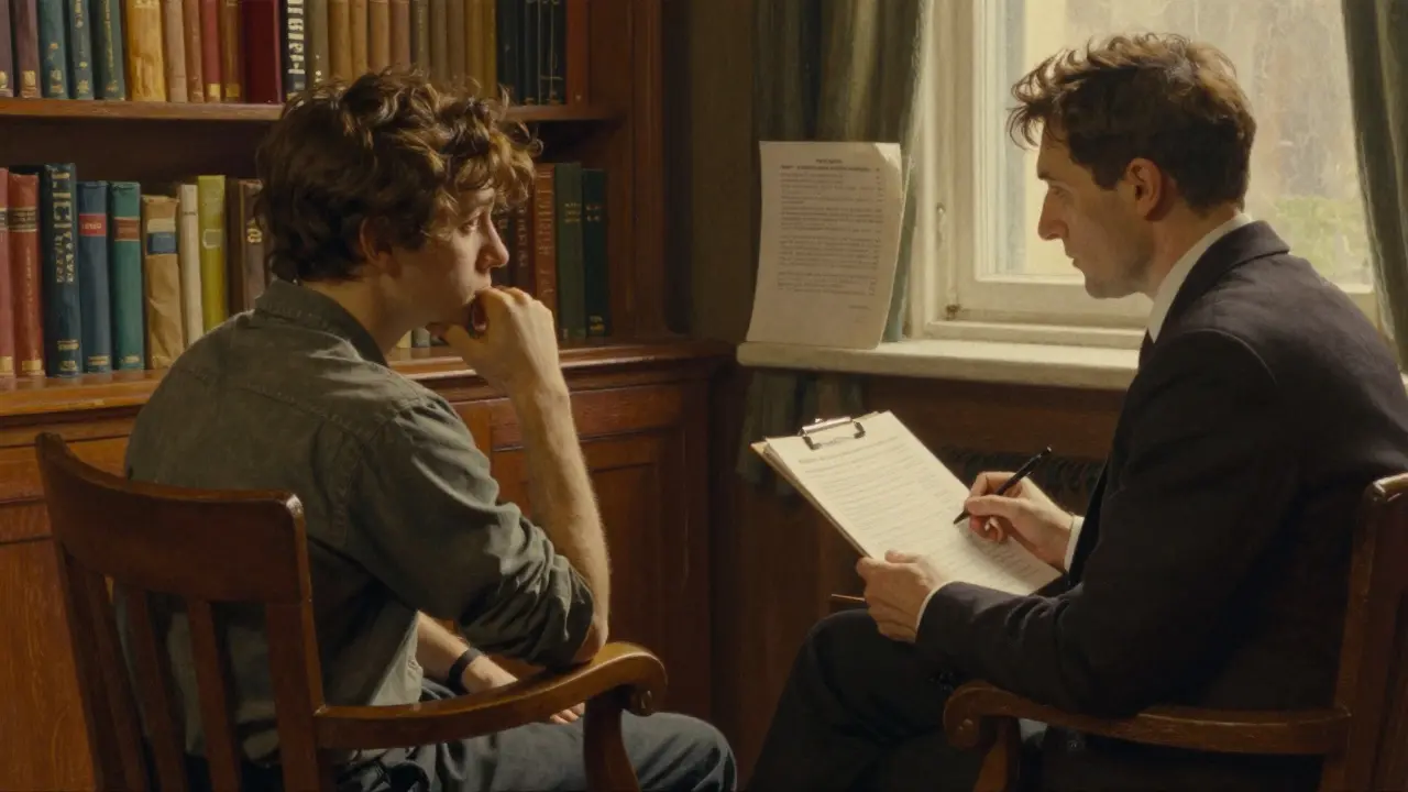 Psycholog v knihovně studující diagnostické testy s klientem.