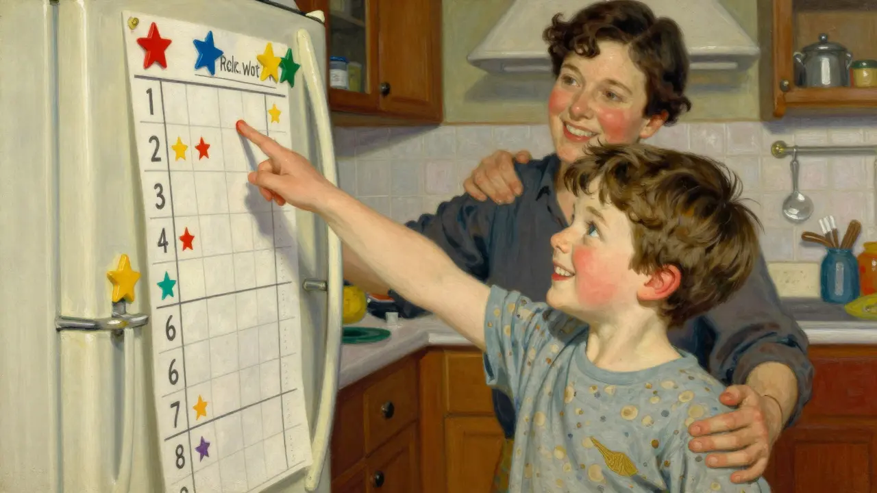 Pyšné dítě ukazuje na tabulku s nálepkami na lednici.