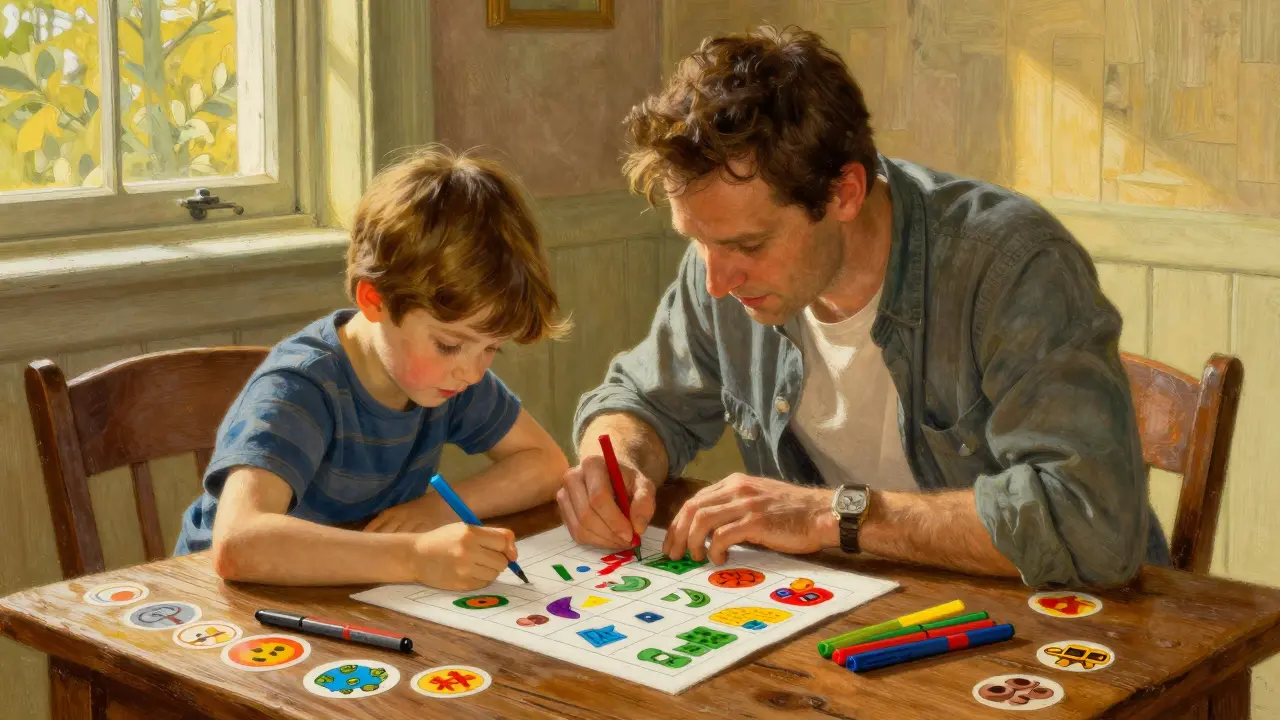 Rodič a dítě společně tvoří barevný systém odměn u stolu.