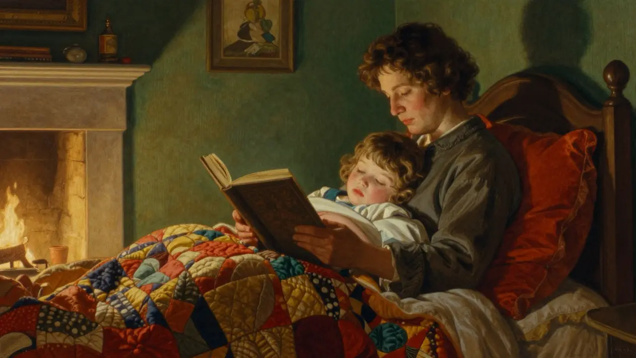 Rodič čte dítěti pohádku před spaním v útulném a teplém pokoji.