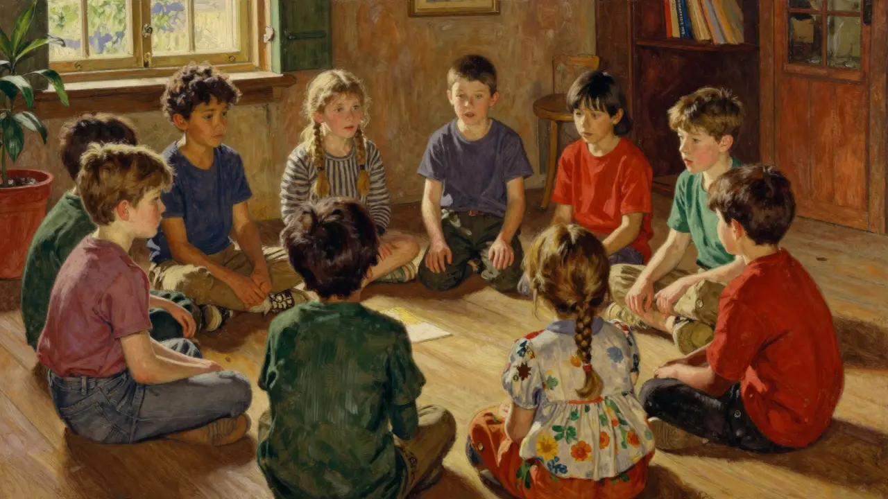 Skupina dětí v kruhu nácvikující sociální dovednosti pomocí hraní rolem.